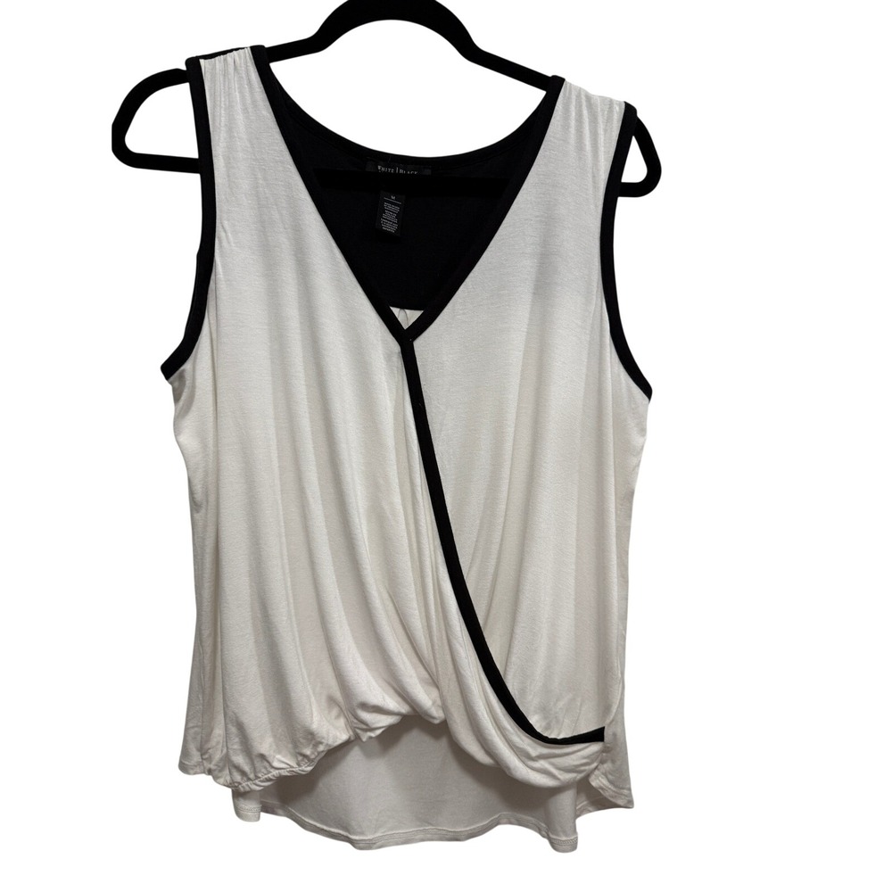 White House Black Market Womens M White Black Faux Wrap Sleeveless Top classic